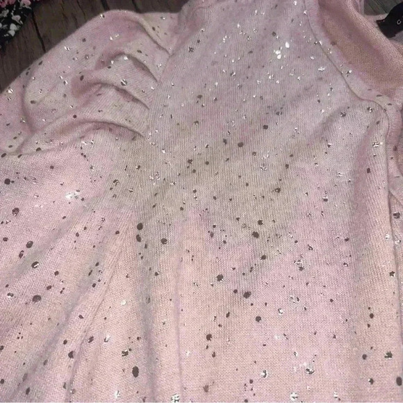 Como Black Women's 1X Pink Silver Speckled Puff Sleeve V-Neck Top - Picture 6 of 8